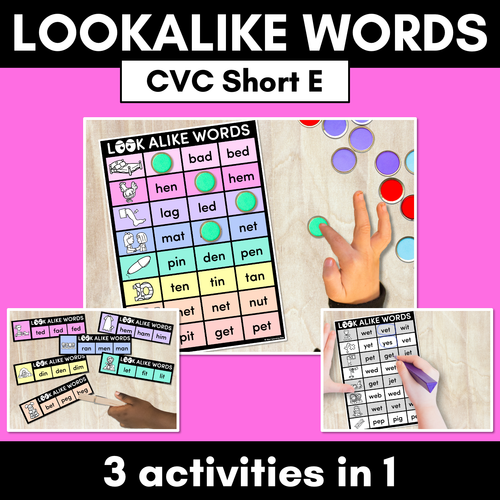 Resource preview 1 for LOOKALIKE WORDS with CVC Words - Short E CVC Words - Task Cards & Printables