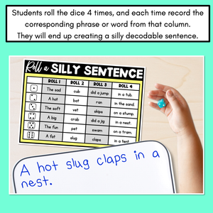 Decodable Sentences with CVC CVCC CCVC Words - Roll a Silly Sentence Phonics