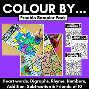 COLOUR BY... Heart Words, Rhyme, Digraphs, Number, Addition, Subtraction & more