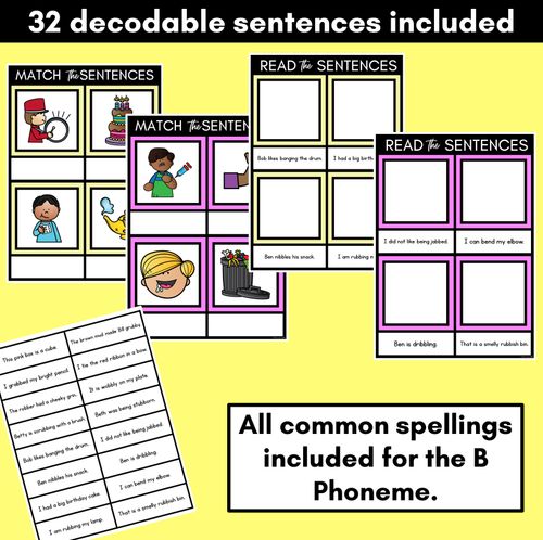 Resource preview 2 for B Phoneme Decodable Sentence Mats - Read & Match