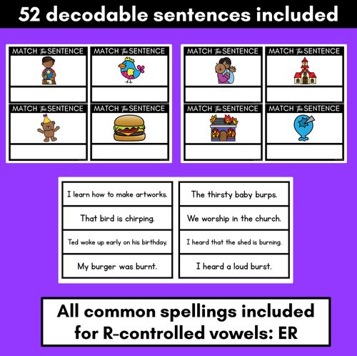Resource preview 2 for R-Controlled Vowels ER Phoneme Decodable Sentences - Read & Match