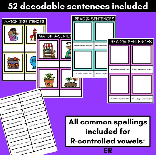 Resource preview 2 for R-Controlled Vowels ER Phoneme Decodable Sentence Mats - Read & Match