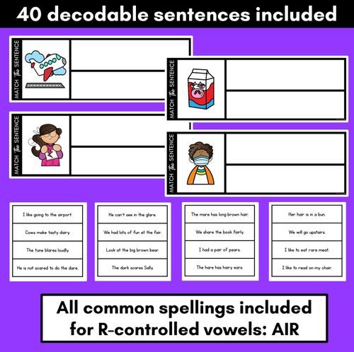 Resource preview 2 for R-Controlled Vowels AIR Phoneme Decodable Sentences - Read, Match & Write