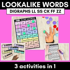 LOOKALIKE WORDS with Digraphs LL SS CK FF ZZ Words - Task Cards & Printables