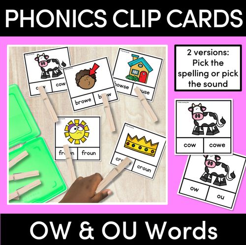 Resource preview 1 for OW OU WORDS CLIP CARDS - Diphthongs Phonics Task Cards