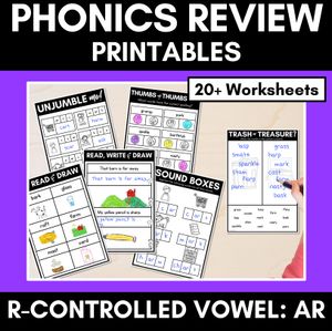 R-Controlled AR Worksheets - PHONICS REVIEW for R-Controlled Vowel Sounds