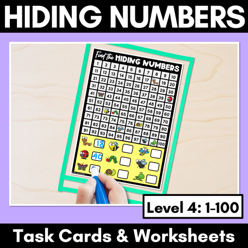Resource preview 1 for Find the Hidden Numbers - 1-100 - Level 4 Task Cards & Worksheets
