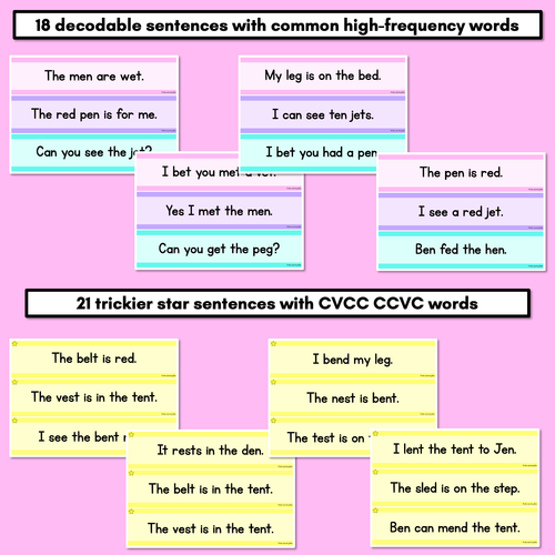 Resource preview 3 for CVC CVCC CCVC Short E Decodable Words and Sentence Cards