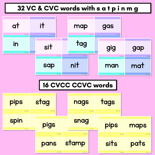 Resource preview 2 for CVC CVCC CCVC Decodable Words and Sentence Cards - Set 1 - s a t p i n m g