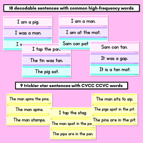 Resource preview 3 for CVC CVCC CCVC Decodable Words and Sentence Cards - Set 1 - s a t p i n m g