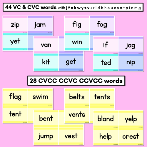 Resource preview 2 for CVC CVCC CCVC Decodable Words and Sentence Cards - Set 3 - j f e k w y z v