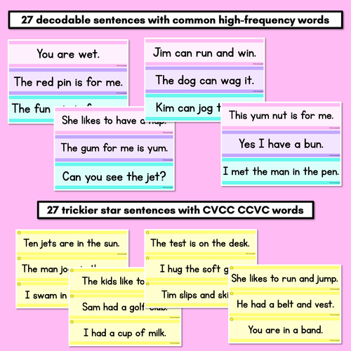 Resource preview 3 for CVC CVCC CCVC Decodable Words and Sentence Cards - Set 3 - j f e k w y z v