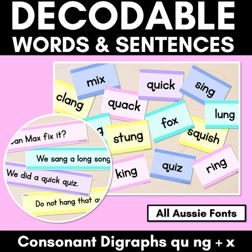 Resource preview 1 for Consonant Digraphs QU NG + X Decodable Words and Sentence Cards