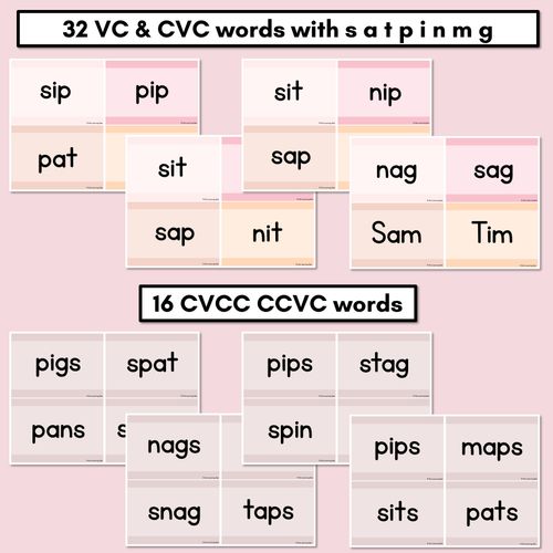 Resource preview 2 for Neutral CVC CVCC CCVC Decodable Words and Sentence Cards - Set 1 - s a t p i n m g 