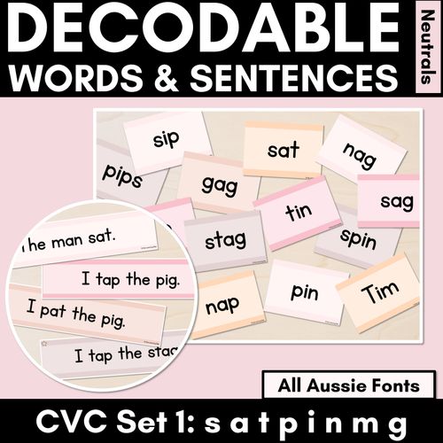 Resource preview 1 for Neutral CVC CVCC CCVC Decodable Words and Sentence Cards - Set 1 - s a t p i n m g 