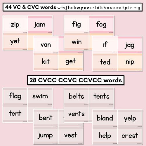 Resource preview 2 for Neutral CVC CVCC CCVC Decodable Words and Sentence Cards - Set 3 - j f e k w y z v 