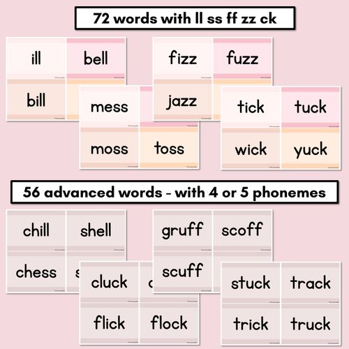 Resource preview 2 for Neutral Consonant Digraphs LL SS FF ZZ CK Decodable Words and Sentence Cards 