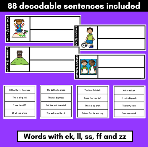 Resource preview 2 for LL SS FF ZZ CK Decodable Sentences - Read, Match & Write