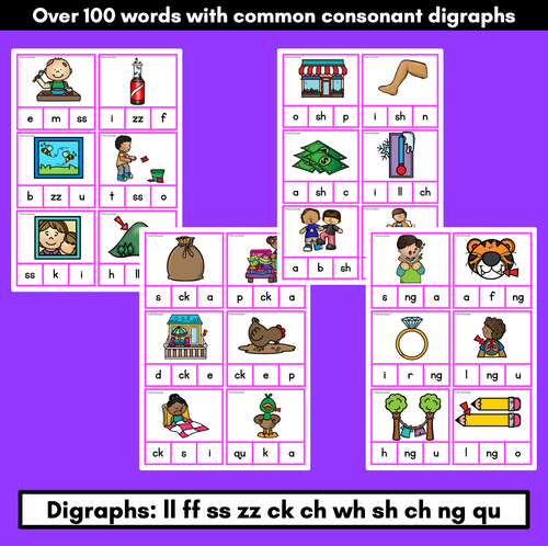 Resource preview 3 for Consonant Digraph Phonics Clip Cards for beginning, middle and end sounds 