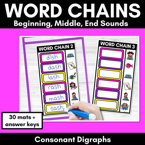 Resource preview 1 for Consonant Digraph Word Chains for Beginning, Middle & End Sounds-Decodable Activities 