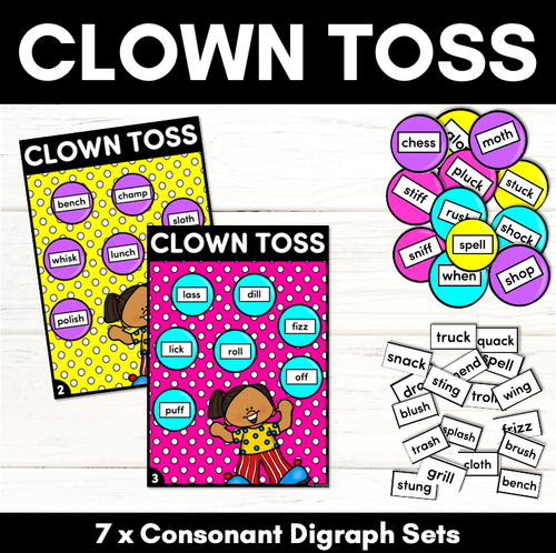 Resource preview 1 for Consonant Digraph Words Phonics Game - CLOWN TOSS Phonics Game