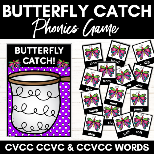 Resource preview 1 for CVCC CCVC CCVCC Words Phonics Game for Kindergarten - Butterfly Catch