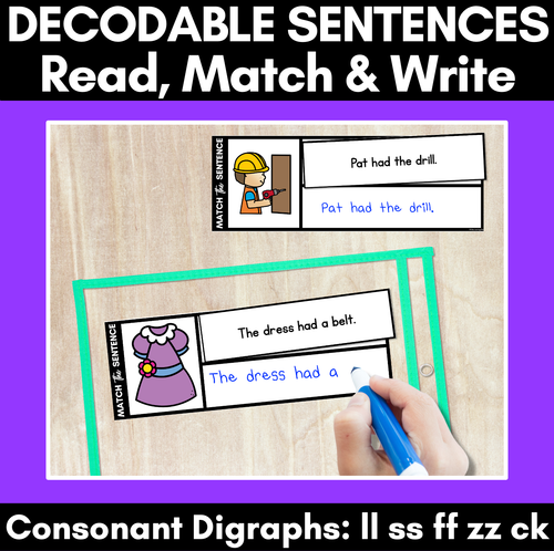 Resource preview 1 for LL SS FF ZZ CK Decodable Sentences - Read, Match & Write