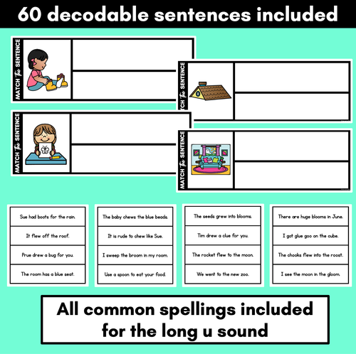 Resource preview 2 for Long Vowel U Word Decodable Sentences - Read, Match & Write