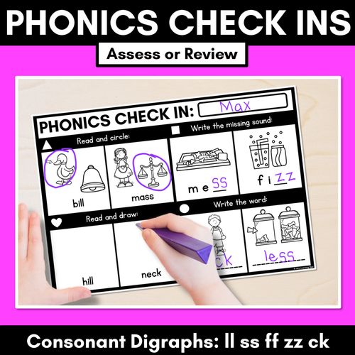 Resource preview 1 for PHONICS CHECK INS - Consonant Digraphs ll ss ff zz ck - No Prep Phonics Assessments  