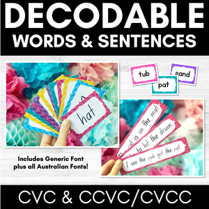 Decodable Words and Sentence Cards | CVC CVCC CCVC Words