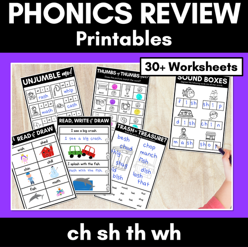 Resource preview 1 for CH SH TH WH Worksheets - PHONICS REVIEW for Consonant Digraphs