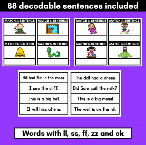 Resource preview 2 for LL SS FF ZZ CK Decodable Sentences - Read and Match